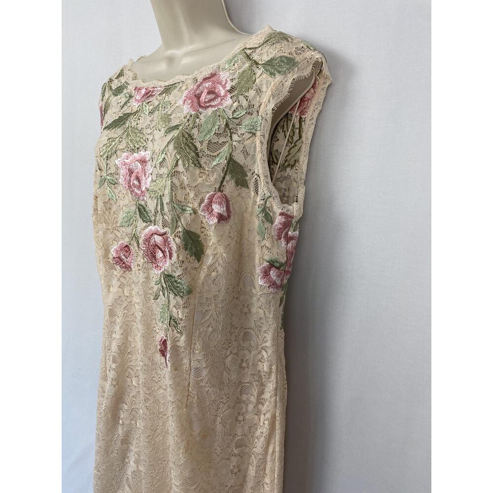 Adrianna Papell Dress Womens 16 Beige Embroidered Floral Lace Sheath Cocktail - Picture 3 of 14
